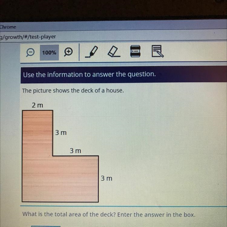 The picture shows the deck of a house. 2 m 3 m 3 m 3 m What is the total area of the-example-1