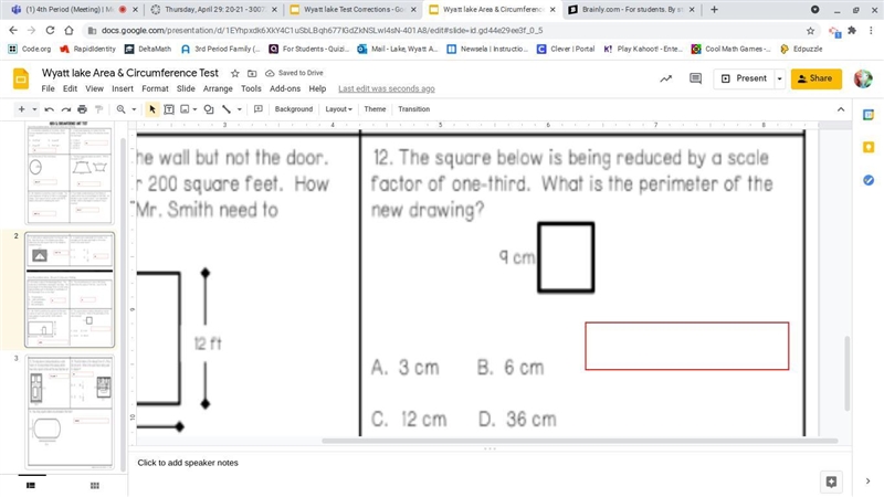 the square below is being reduced by a scale factor of one-third. what is the perimeter-example-1