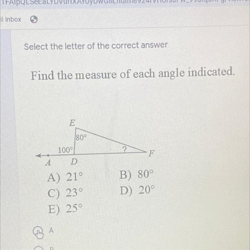 Find the measure of each angle indicated. A) 21° C) 23 E) 25° B) 80° D) 20°-example-1