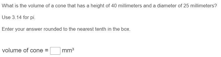 What is the volume of a come that has a height of 40 millimeters and a diameter of-example-1