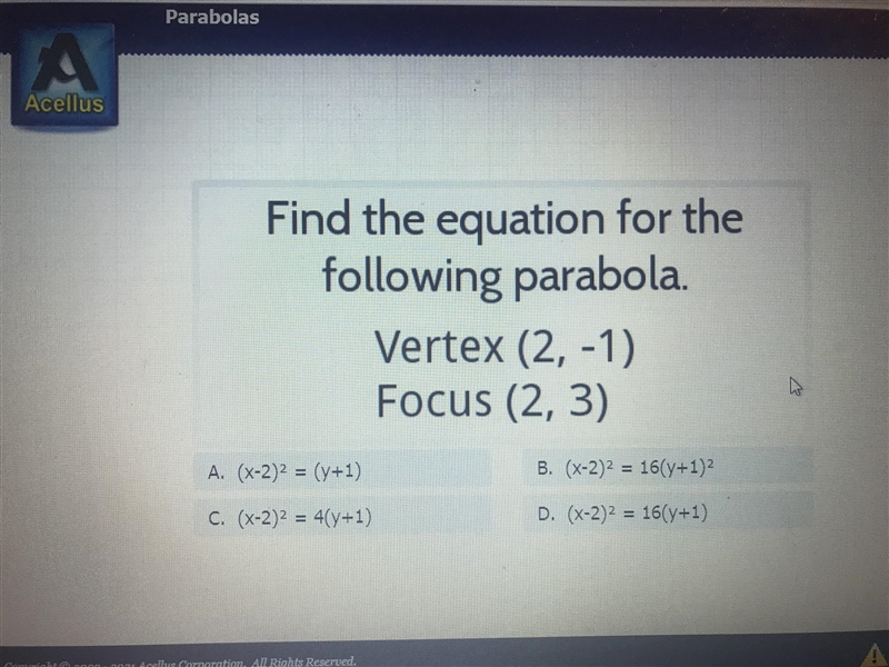 Can someone please help me with this??Find the equation for the following parabola-example-1