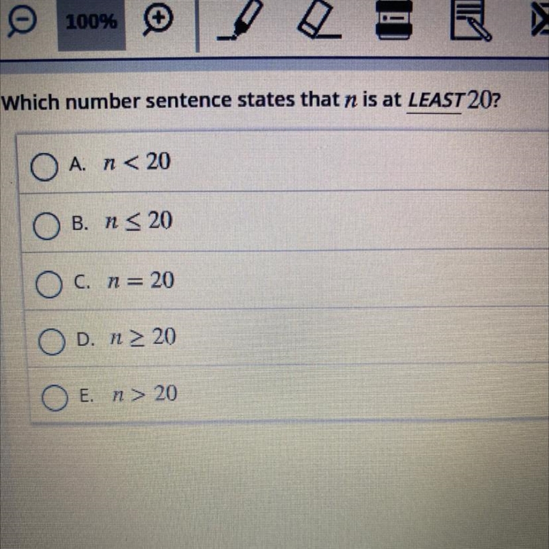 Which number sentence states that n is at LEAST 20?-example-1