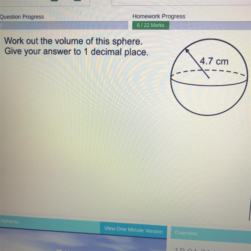 Work out the volume of this sphere. Give your answer to 1 decimal place. 4.7 cm-example-1