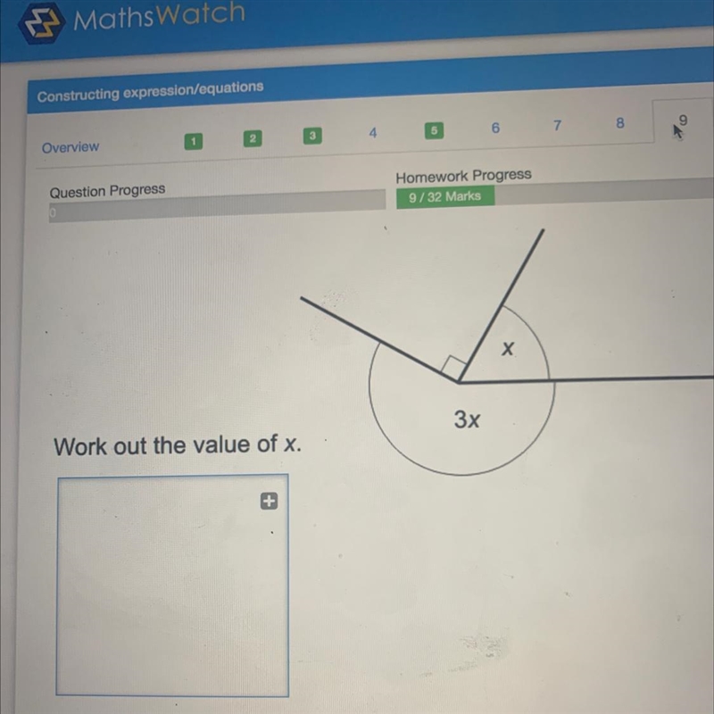 Question 0/3 Mar Х 3x Work out the value of x.-example-1