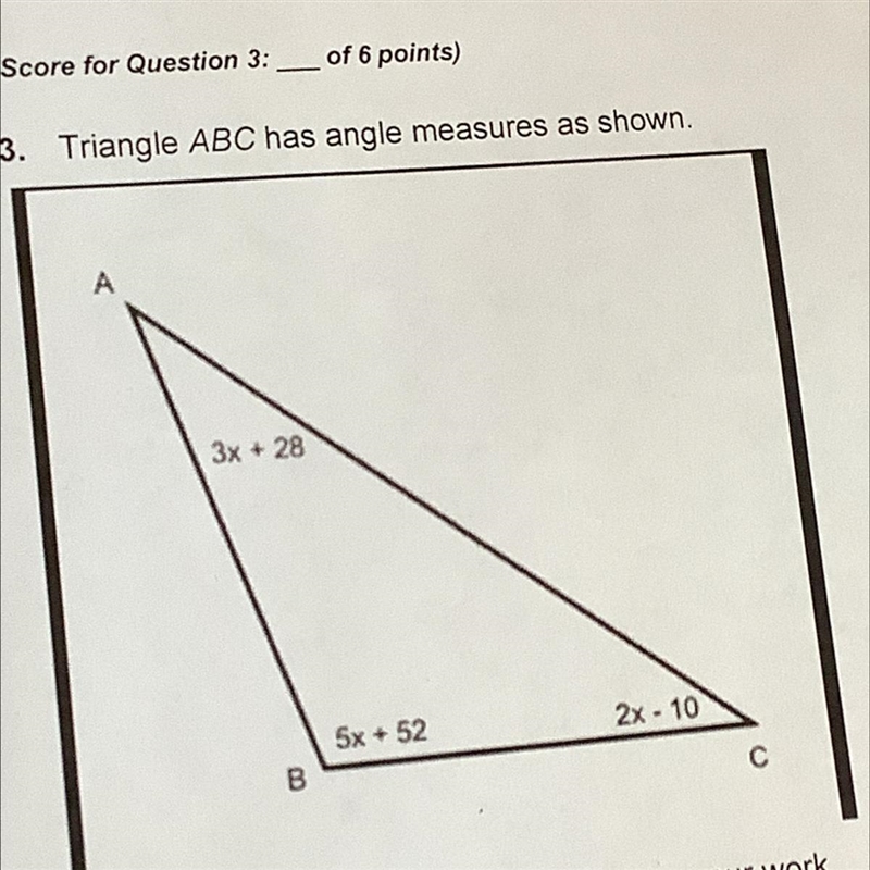 Triangle ABC has angle measrures as shown (a) what is the value of x? show your work-example-1