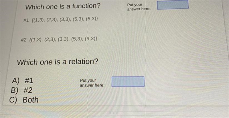 Looking at the first question, which one is a relation? A, B, or C?-example-1