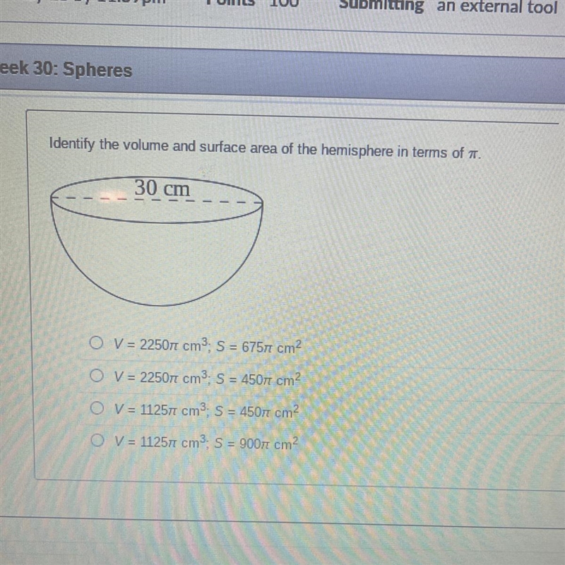 Identify the volume and surface area of the hemisphere in terms of pie.-example-1