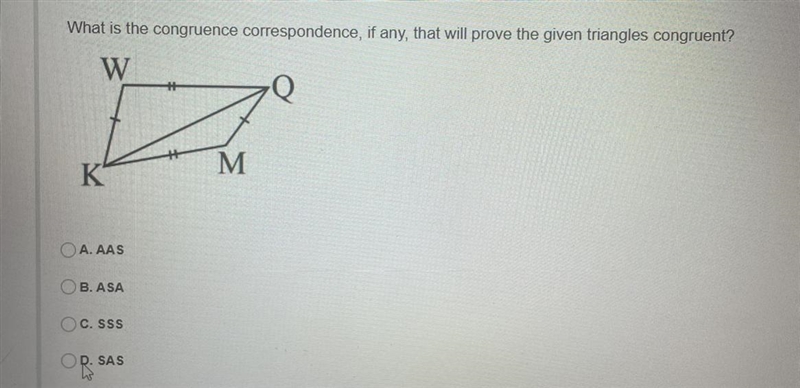 What is the congruence correspondence, if any, that will prove the given triangles-example-1