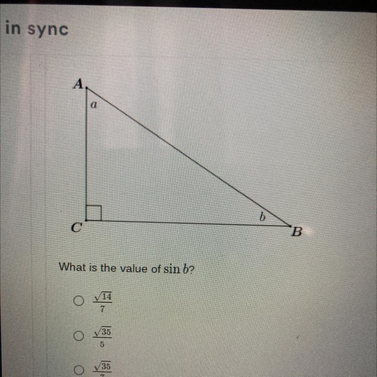 In triangle ABC with the right triangle at vertex C, sin a=35/7-example-1