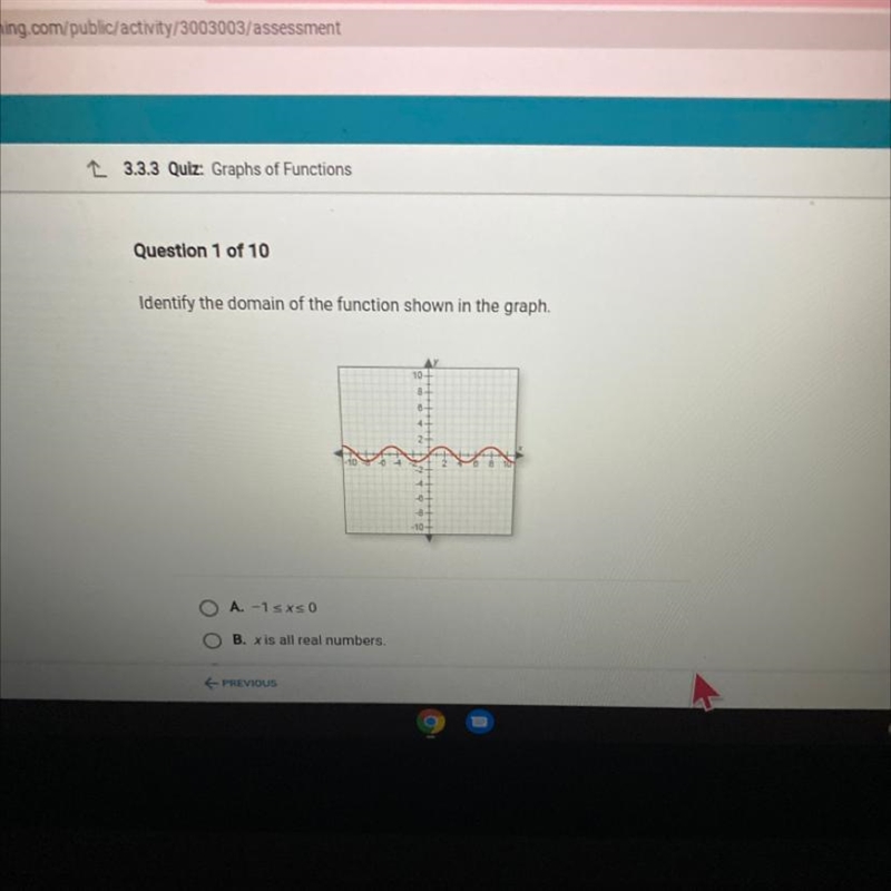 Question 1 of 10 Identify the domain of the function shown in the graph. 10 O A.-1sxs-example-1