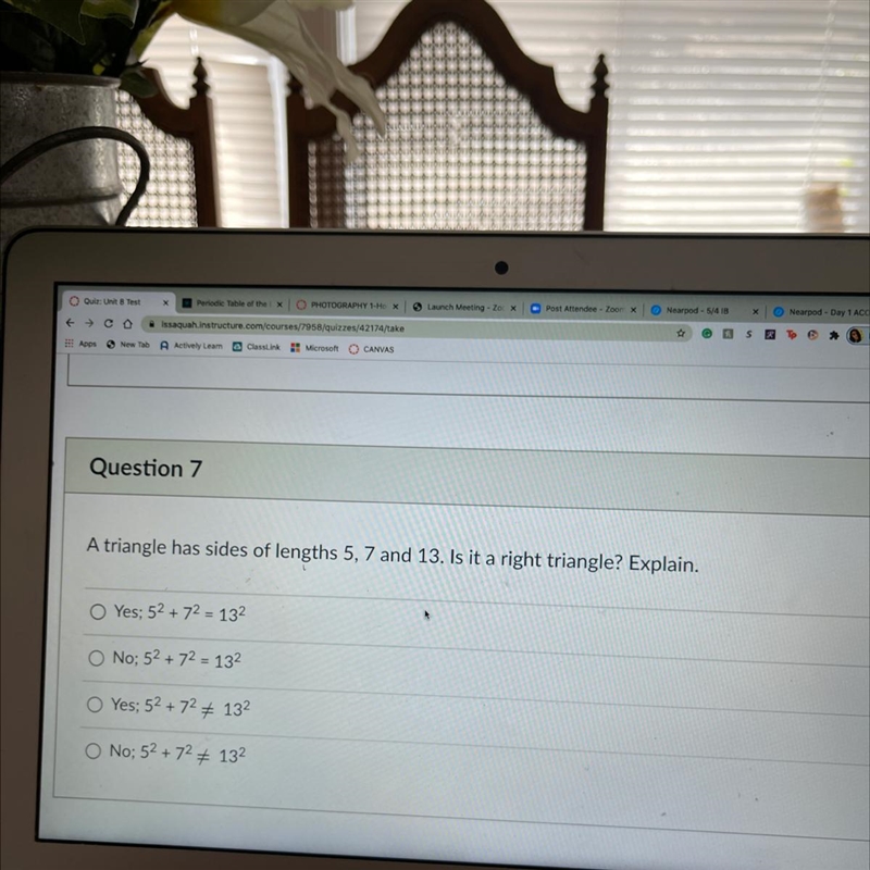 A triangle has sides of lengths 5, 7 and 13. Is it a right triangle? Explain.-example-1