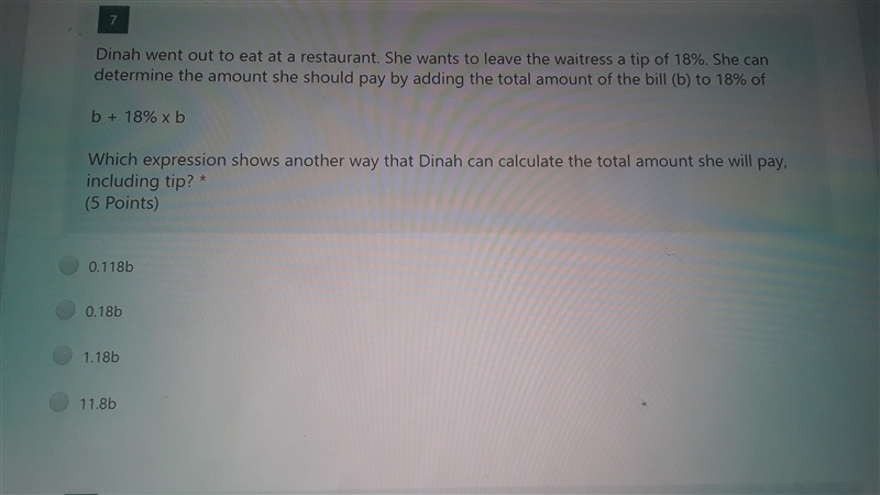 Dinah went out to eat at a restaurant. She wants to leave the waitress a tip of 18%. She-example-1