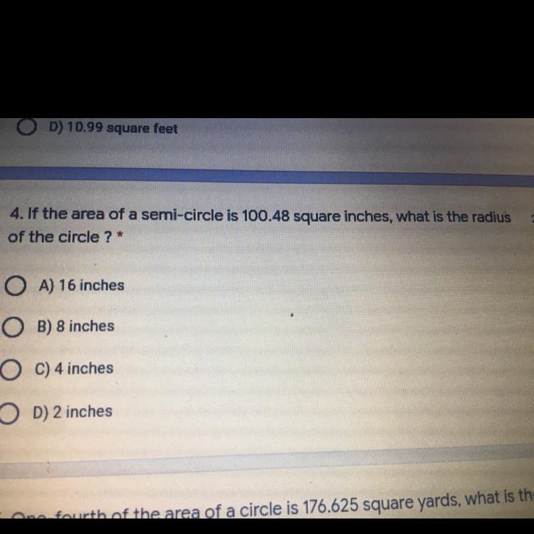 4. If the area of a semi-circle is 100.48 square inches, what is the radius of the-example-1