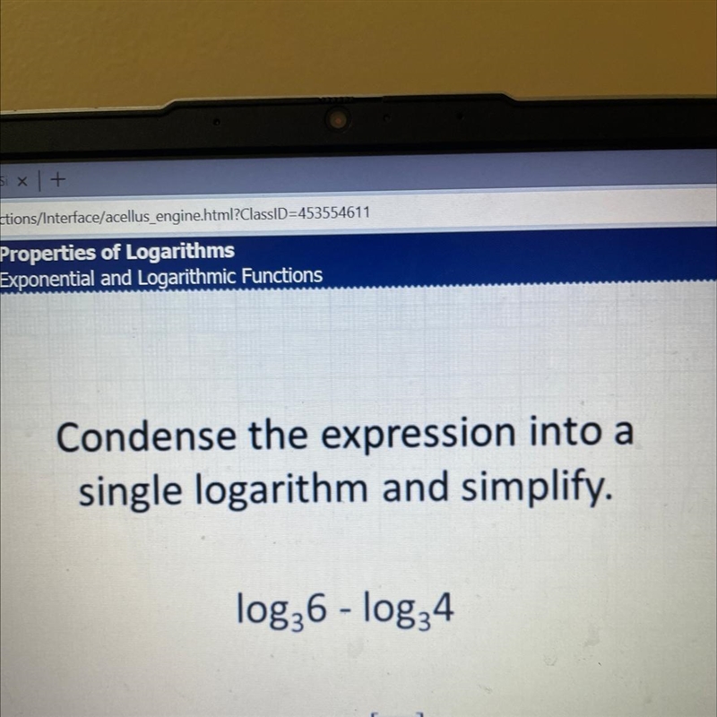 Condense the expression into a single logarithm and simplify. log26 - log24-example-1