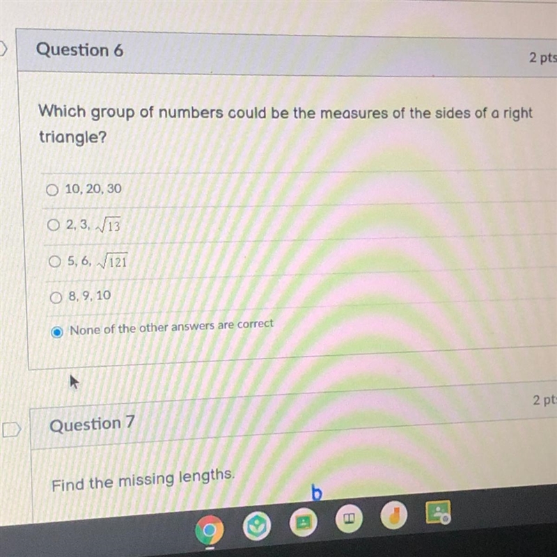 Which group of numbers could be the measures of the sides of a right triangle?-example-1