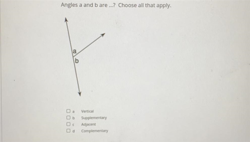 Please answer asap Angles a and b are...? Choose all that apply. a) Vertical b) Supplementary-example-1