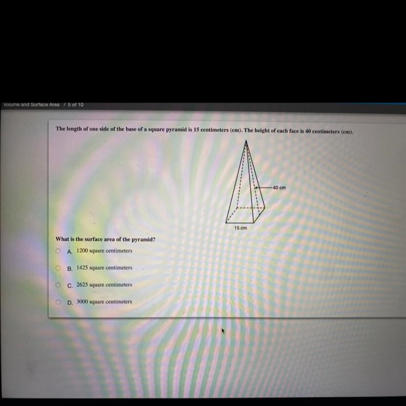 the length of one side of the base of a square pyramid is 15 cm. the height of each-example-1