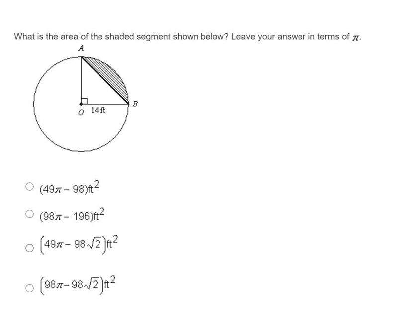 What is the area of the shaded segment shown below? Leave your answer in terms of-example-1