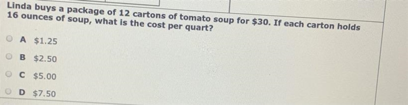 Linda buys a package of 12 cartons of tomato soup for $30. If each carton holds 16 ounces-example-1