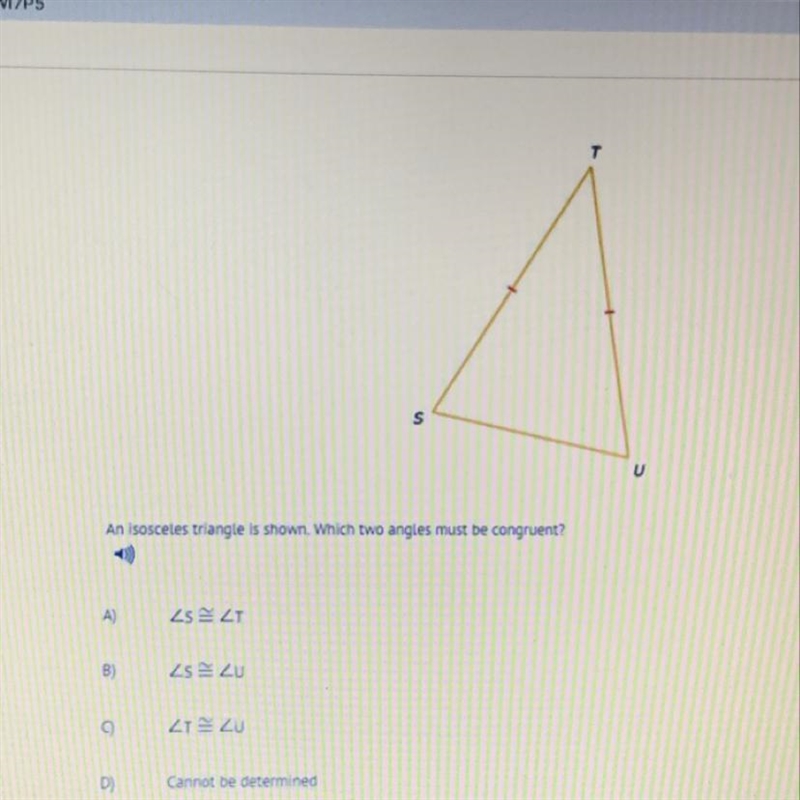 An isosceles triangle is shown. Which two angles must be congruent?-example-1