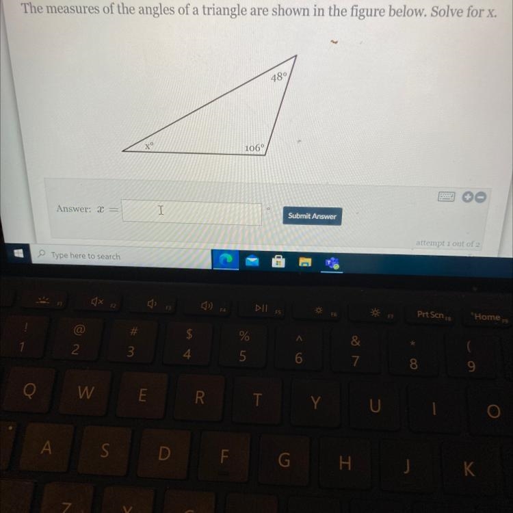 The measures of the angles of a triangle are shown in the figure below. Solve for-example-1