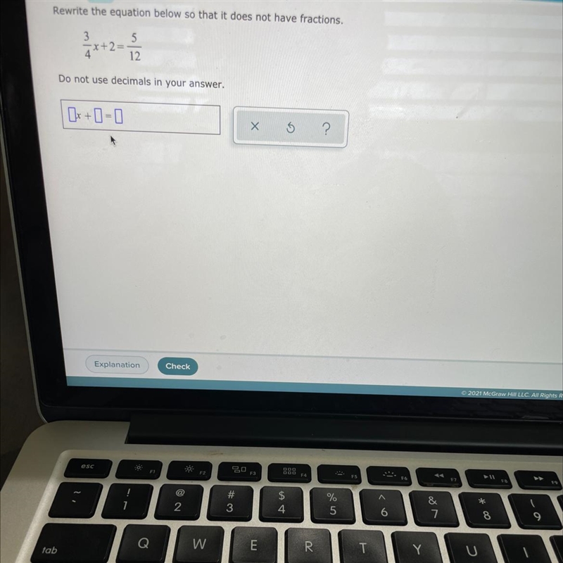 Rewrite the equation below so that it does not have fractions. 3 5 x+2= 4 12 Do not-example-1