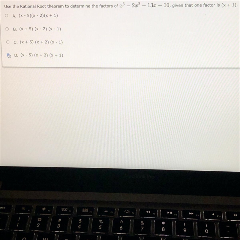 Use the Rational Root theorem to determine the factors of x^3 - 2x^2 - 13x - 10 given-example-1