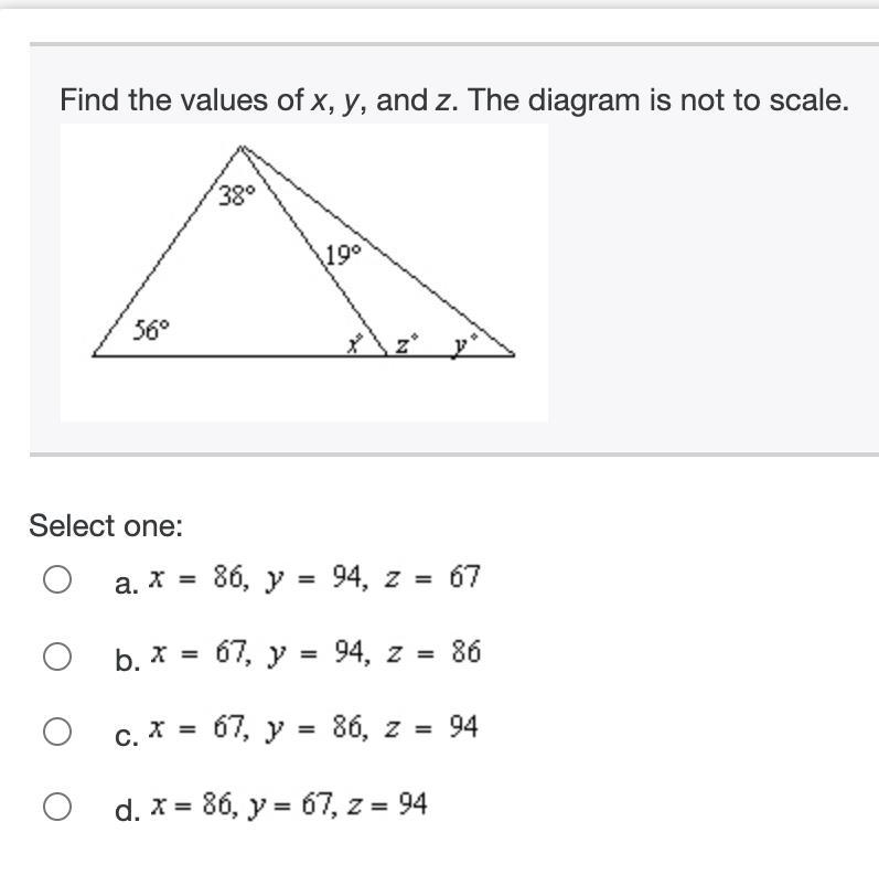 Find the values of x, y, and z. The diagram is not to scale.-example-1