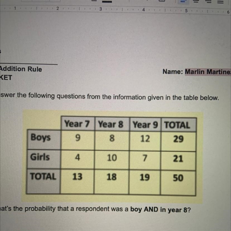 1. What's the probability that a respondent was a boy AND in year 8?-example-1