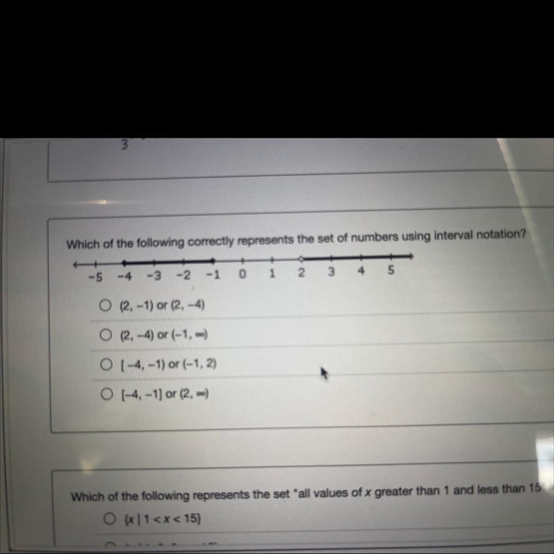 Which of the following correctly represents the set of numbers using interval notation-example-1