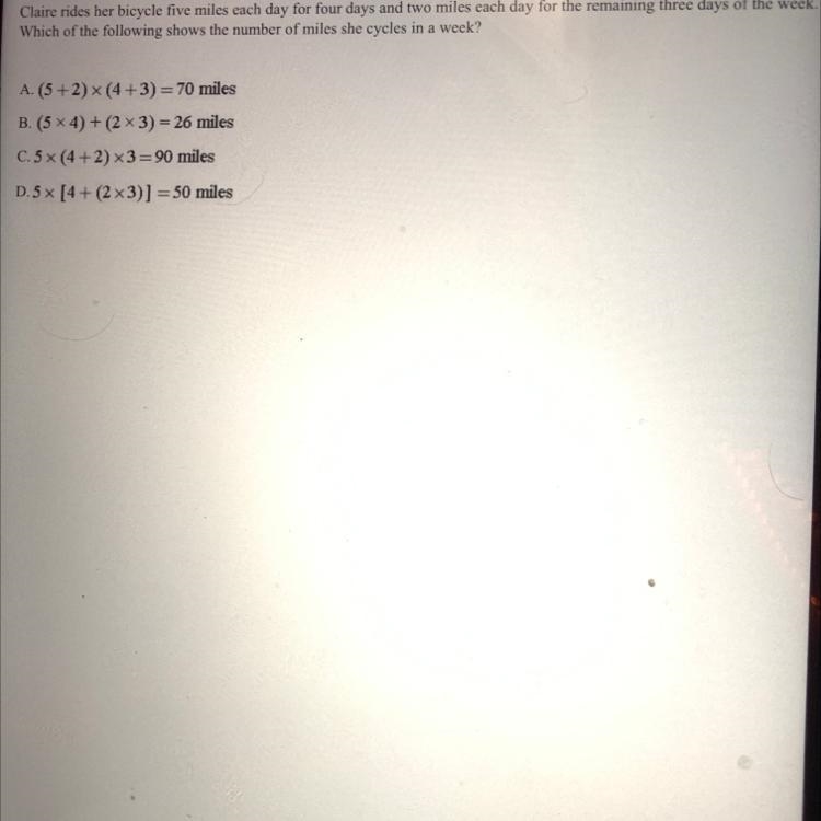 Claire rides her bicycle five miles each day for four days and two miles each day-example-1