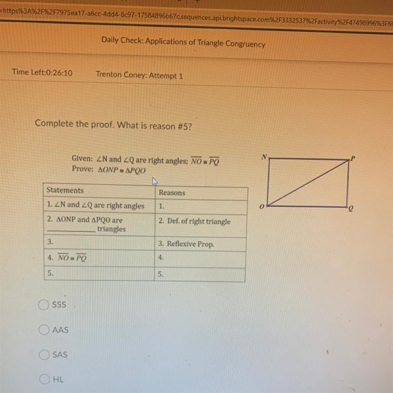 Complete the proof. What is reason #5? N Given: ZN and 2Q are right angles; NO PQ-example-1