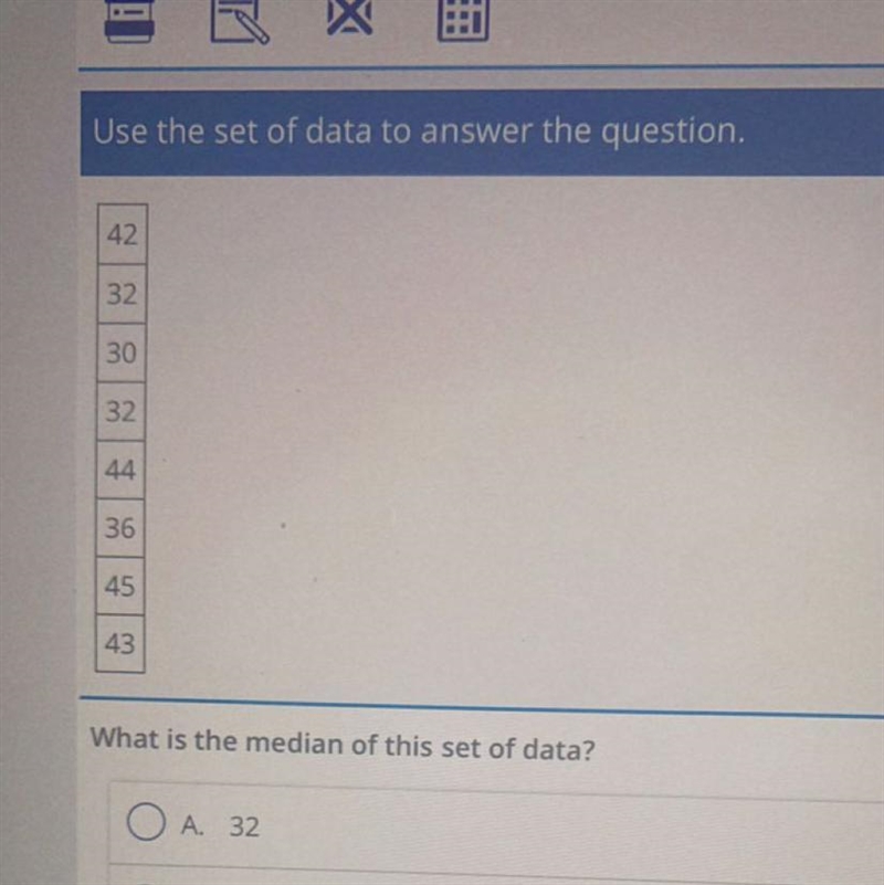 What is the median of this set of data? A.32 B.36 C.38 D.39 E.42-example-1