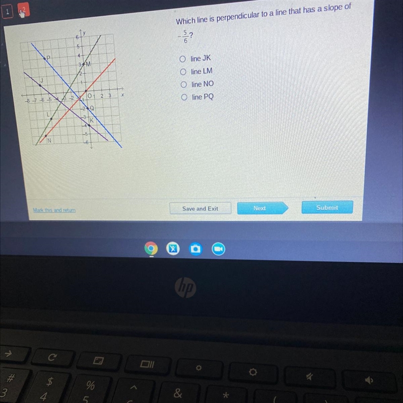 Which line is perpendicular to a line that has a slope of -5/6?-example-1