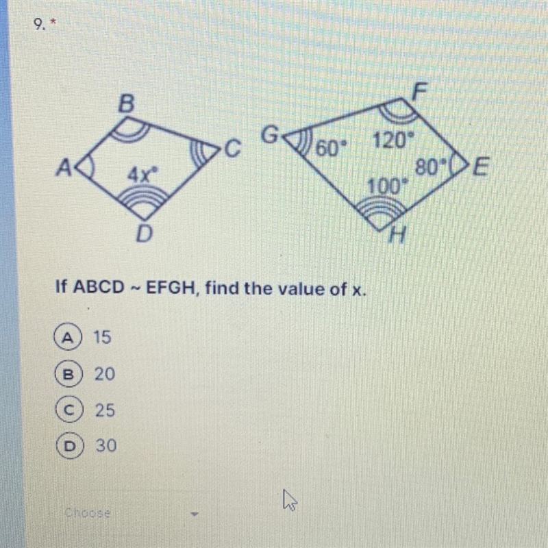 G60° A А 120° 80E 100 4x If ABCDEFGH, find the value of x. 15 B) 20 C) 25 30-example-1