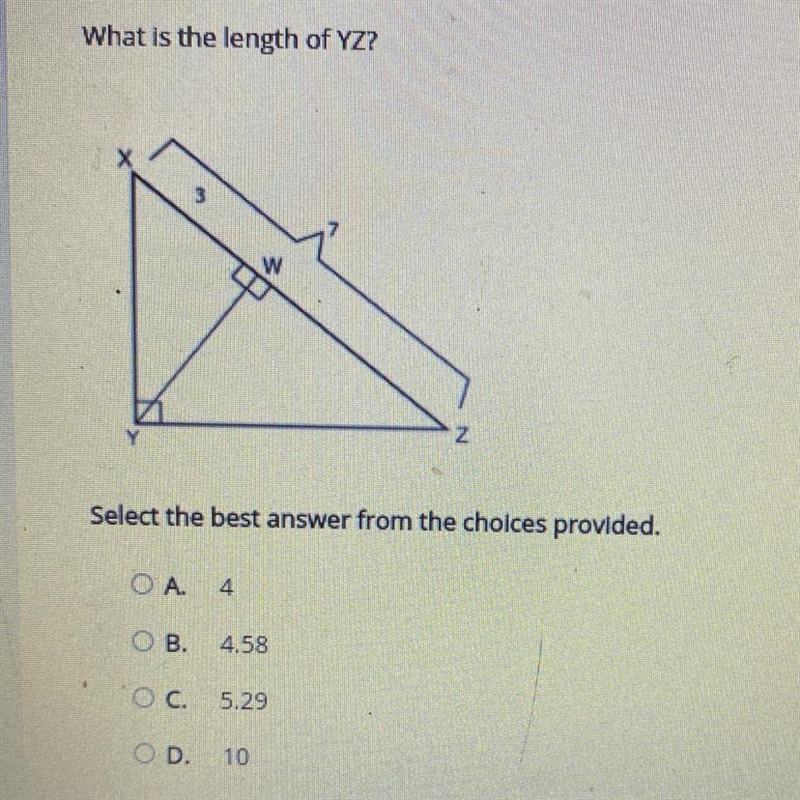 What is the length of YZ? Select the best answer from the choices provided. A.4 B-example-1