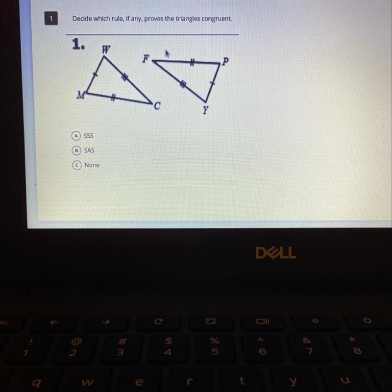 Decide which rule, if any, proves the triangles congruent.-example-1