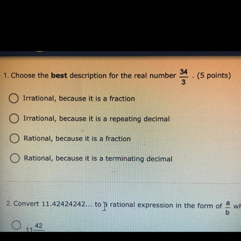 Choose the bast description for the real number 34/3-example-1