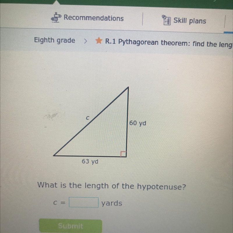 60 yd 63 yd What is the length of the hypotenuse?-example-1