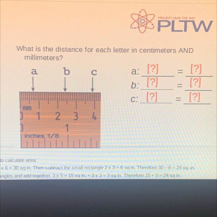 What is the distance for each letter in centimeters AND millimeters?-example-1