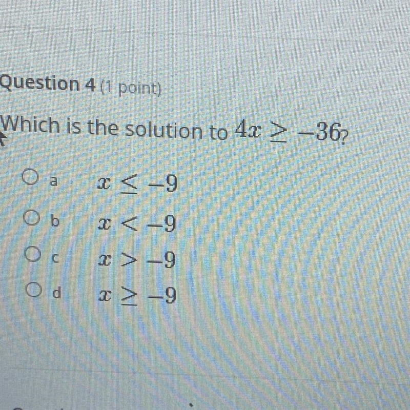 ￼ Which is the solution to 4x > -36?-example-1