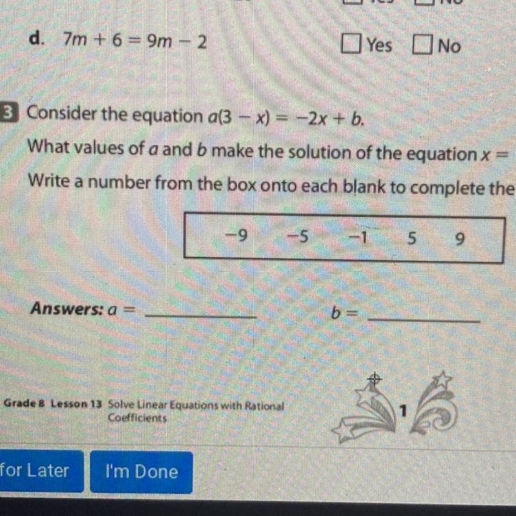 What value of a and b make the soulution of the equation x=2-example-1