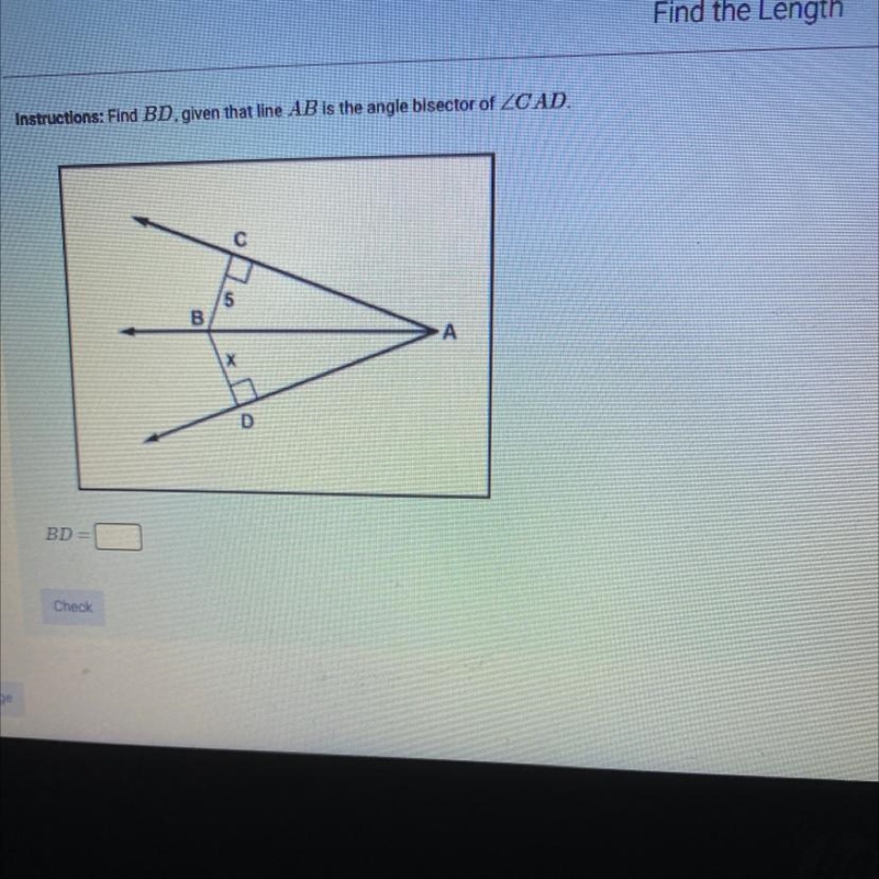 Find BD, given that line AB is the angle bisector of < CAD.-example-1