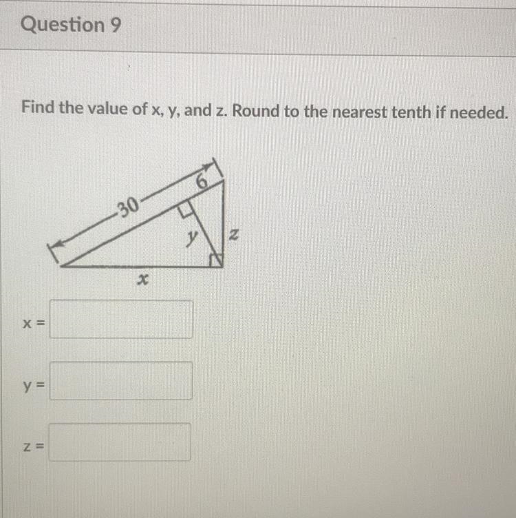 Find the value of x, y, and z. Round to the nearest tenth if needed. Please help me-example-1