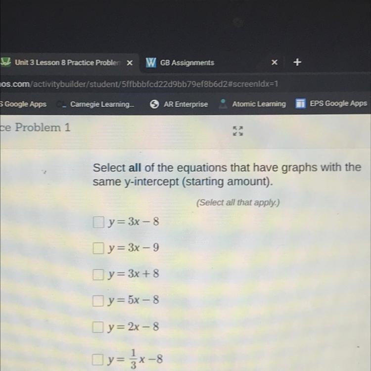 Select all of the equations that have graphs with the same y-intercept (starting amount-example-1