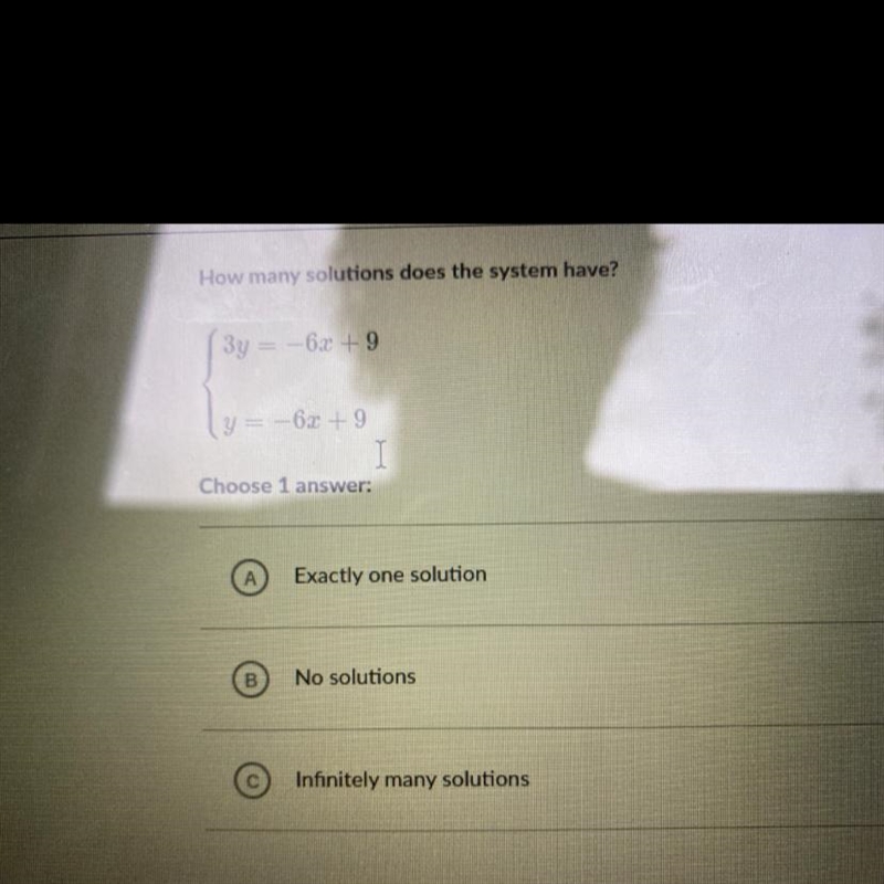 How many solutions does the system have? 3y = -6x + 9 e su y=-62 +9 a fou Choose 1 answer-example-1