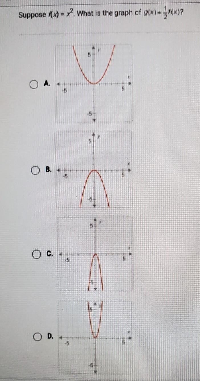 Suppose f(x) = x^2. what is the graph of g(x) = 1/2f(x)?​-example-1