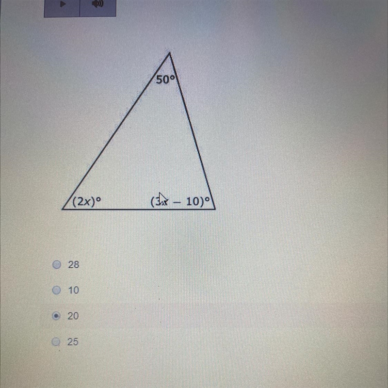 The angle measure of a triangle is shown in the diagram, what is Twh value of x?-example-1