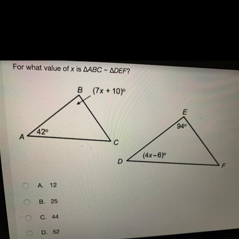 For what value of x is AABC - ADEF? HELP PLEASE!!-example-1