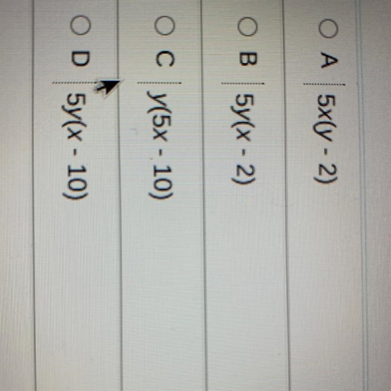 What is the completely factored form of the following expression? 5xy-10y-example-1